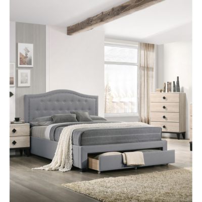 Light Grey Twin Bed with Drawer Storage & Button Tufted Headboard