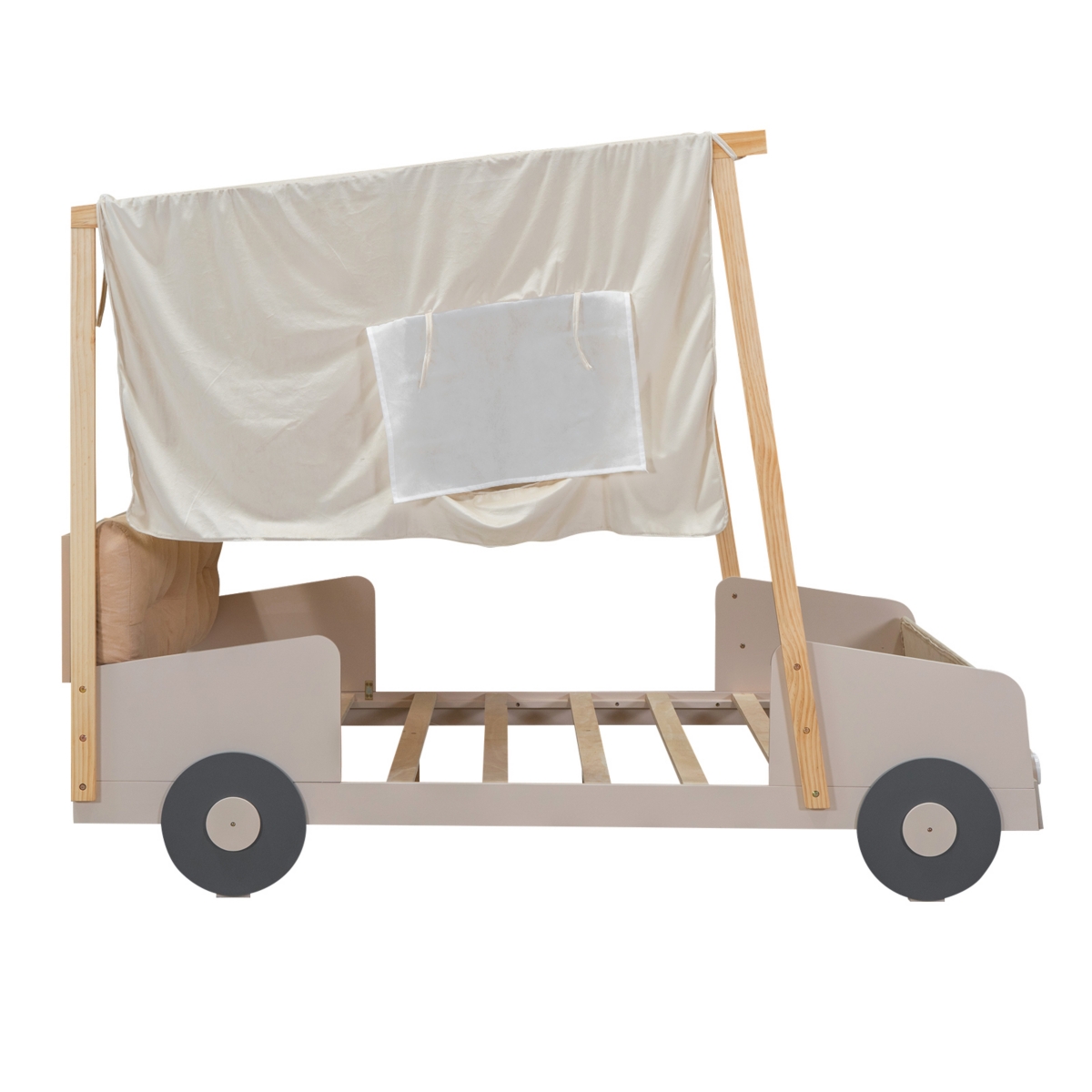 Simplie Fun Wood Full Size Car Bed With Pillow, Ceiling Cloth And Led