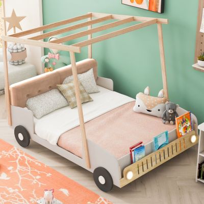 Streamdale Wood Full Size Car Bed With Pillow, Ceiling Cloth And LED
