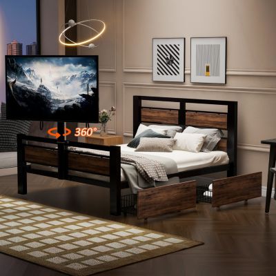 Streamdale Metal Platform Bed with Storage Drawers and Rotatable TV Stand