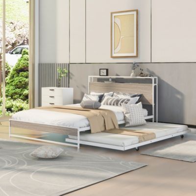 Metal Platform Bed Frame with Trundle and USB