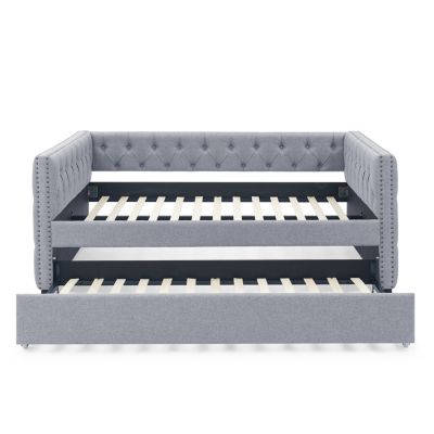 1 Pc Fabric Upholstered Daybed Twin Trundle Tufted Design Bedroom Furniture
