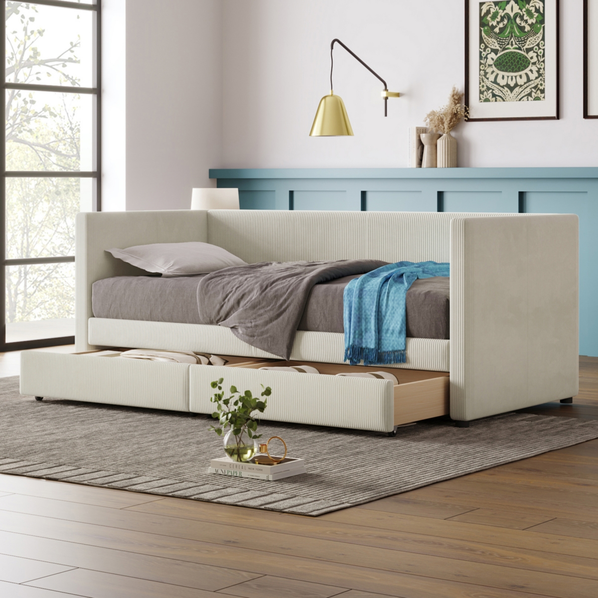 Streamdale Twin Size Corduroy Daybed With Two Drawers And Wood Slat