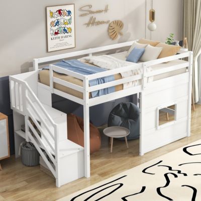 Twin Size Loft Bed With Storage Staircase And Window.