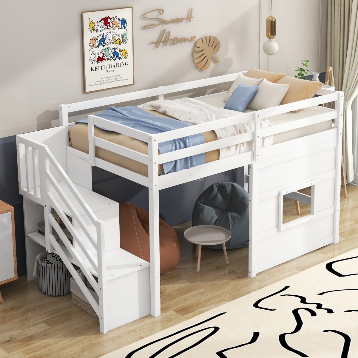 Simplie Fun Twin Size Loft Bed With Storage Staircase And Window, Gray