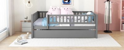 Streamdale Full Size Wood Daybed With Trundle And Fence Guardrails