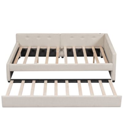 Full Size Upholstered Platform Bed With USB And Twin Size Trundle