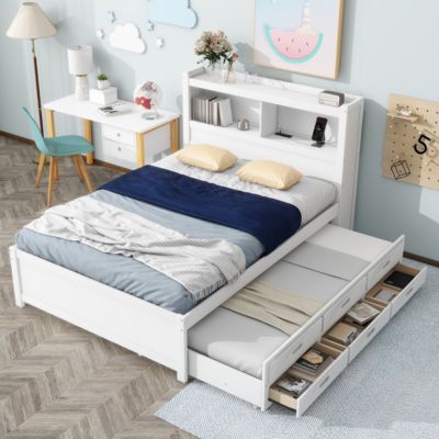 Streamdale Full Size Platform Bed With Trundle, Drawers And USB Plugs, White