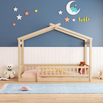 Twin Size Wood House Bed Frame with Fence