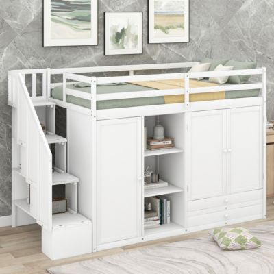 Streamdale 3-Shelf Loft Bed with Storage Units and Ladder