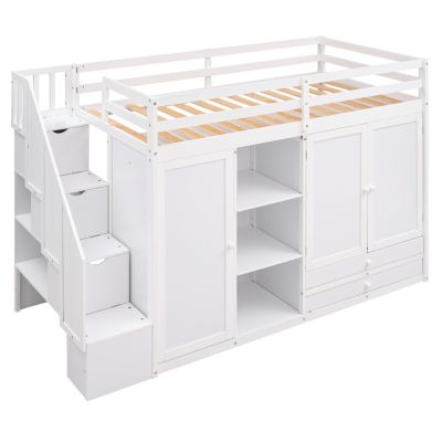 Streamdale 3-Shelf Loft Bed with Storage Units and Ladder