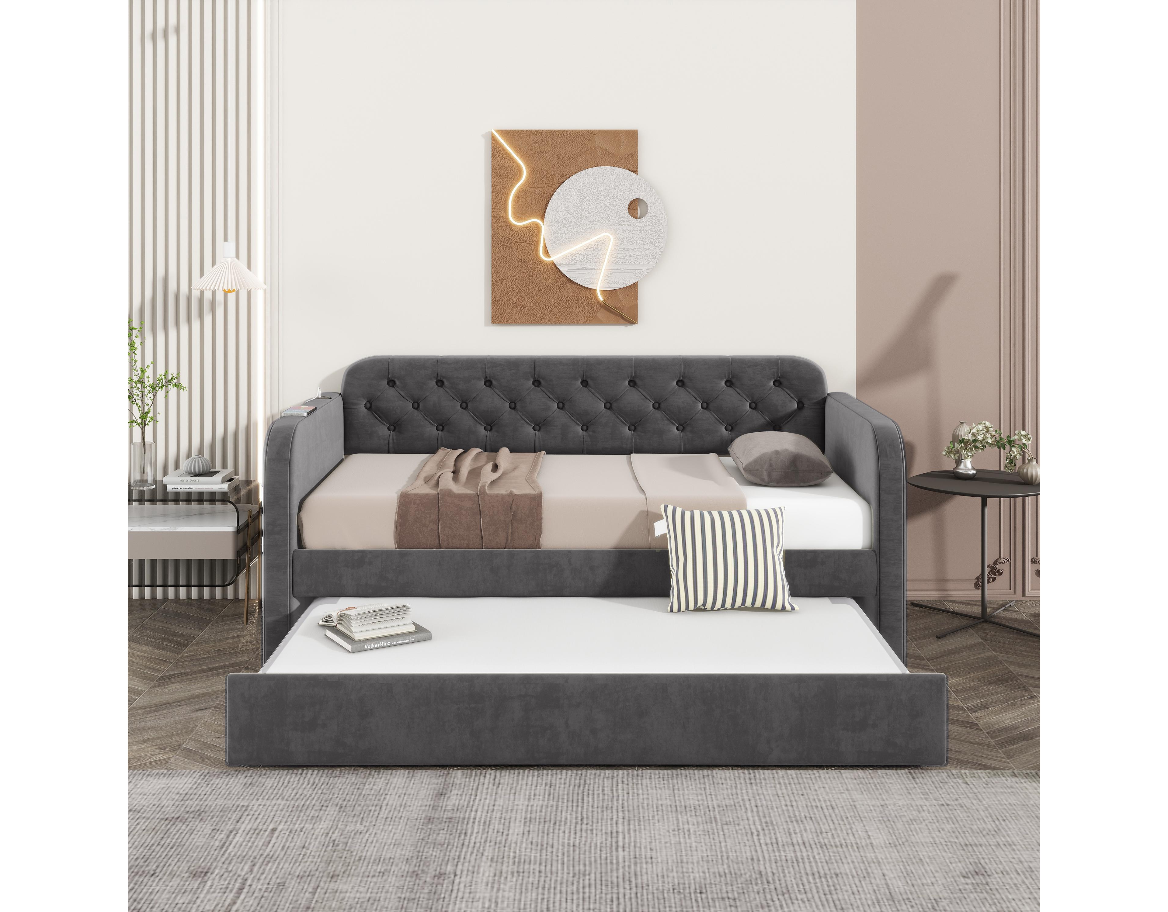 Velvet Upholstered Daybed with Trundle and Usb Charging