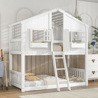 Streamdale Twin Bunk House Bed with Roof and Safety Rails