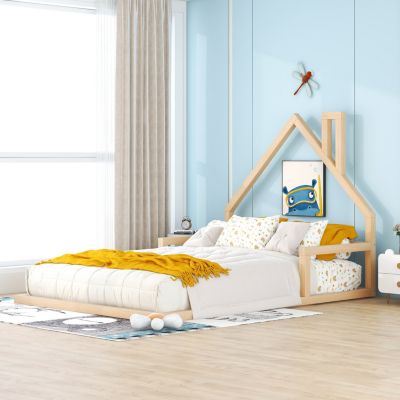  Full Size Wood Floor Bed With House-Shaped Headboard