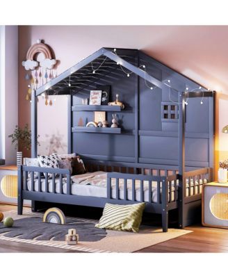 Streamdale Twin House Bed with Shelves, Window, and Lights