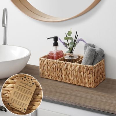 Set of 2 Water Hyacinth Storage Baskets with 3 Sections, Espresso - Woven Bin Organizers for Bathroom, Laundry, Pantry, Office, Shelves