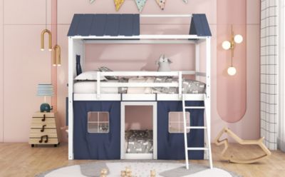 Streamdale Full Size Bunk Wood House Bed With Elegant Windows, Sills And Tent