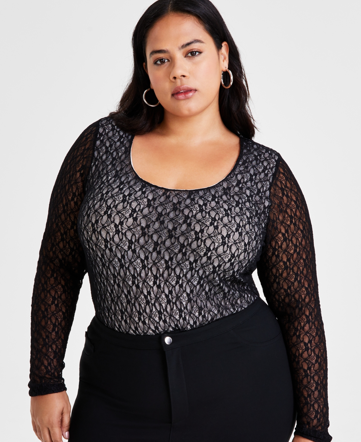 Bar Iii Trendy Plus Size Scoop-Neck Long-Sleeve Lace Top, Created for Macy's