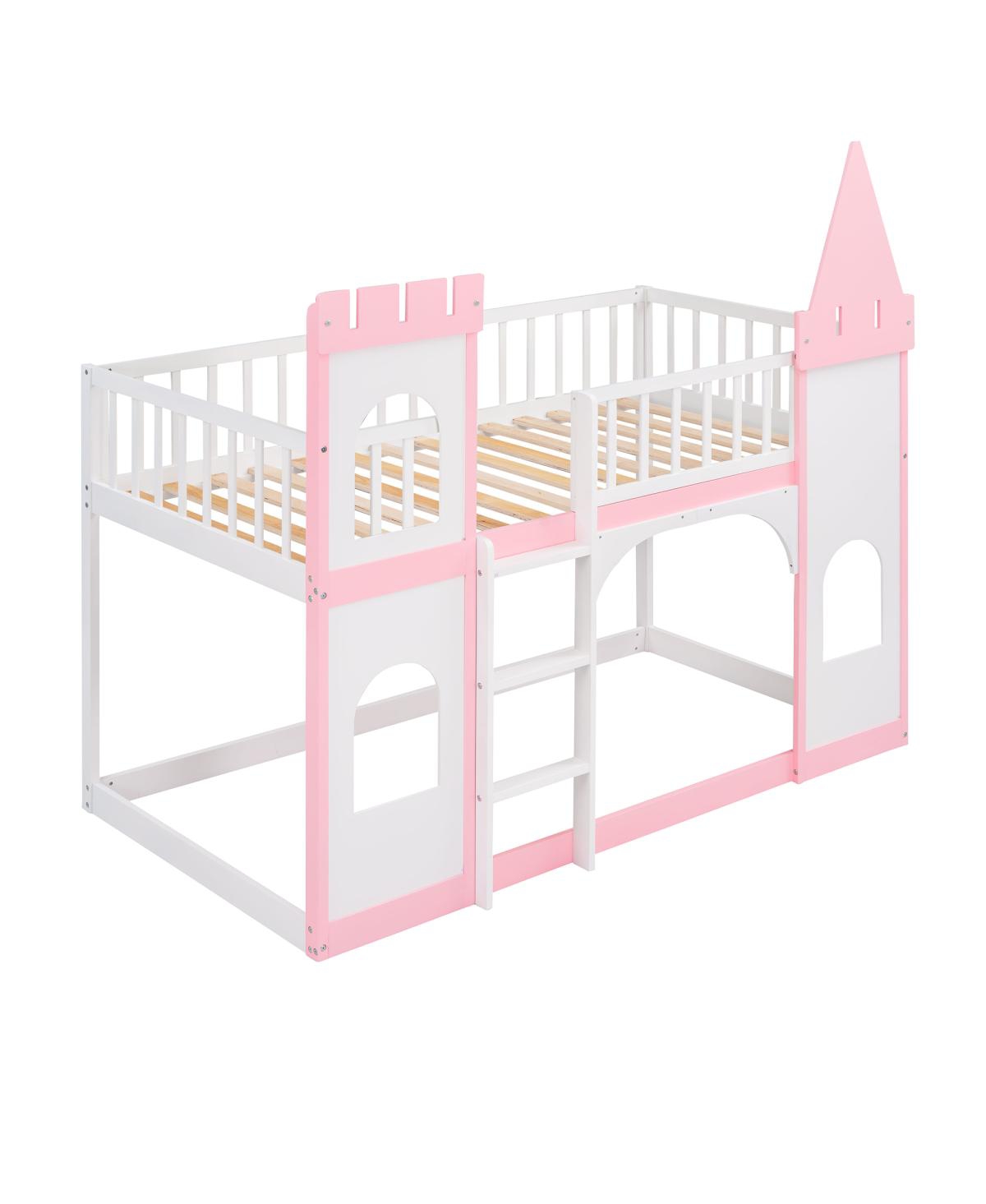 Simplie Fun Twin Over Twin Castle Bunk Bed With Ladder - Pink