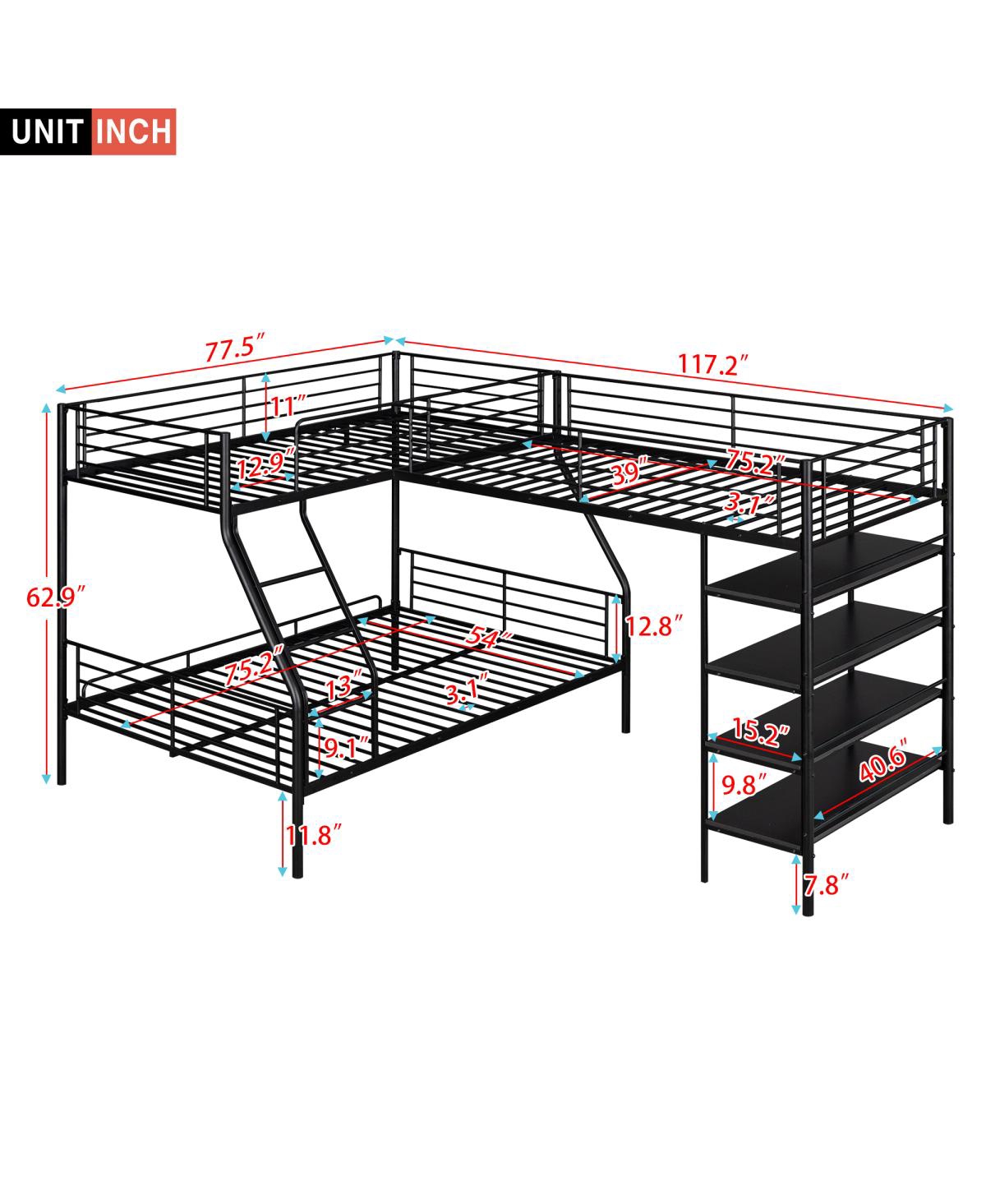 Simplie Fun L-Shaped Metal Twin Over Full Bunk Bed And Twin Size Loft Bed With Four Built-In Shelves