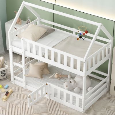 Streamdale Twin Over Twin House Bunk Bed With Fence And Door