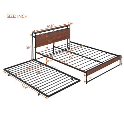 Streamdale Queen Metal Platform Bed w/ Trundle, USBs