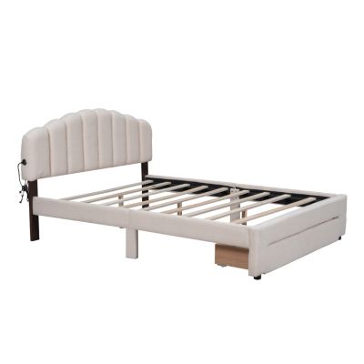 Streamdale Teddy Fleece Queen Size Upholstered Platform Bed With Drawer, White