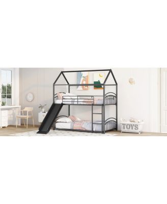 Twin Over Twin Metal Bunk Bed With Slide, Kids House Bed