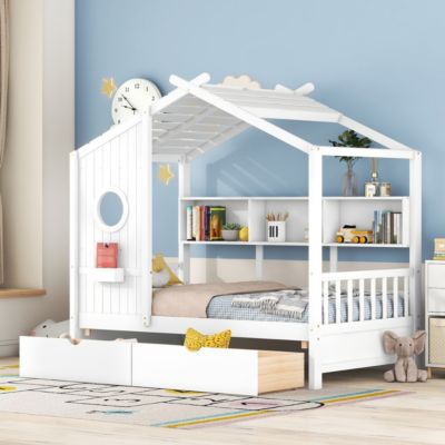 Wooden Twin Size House Bed With 2 Drawers, Kids Bed With Storage Shelf