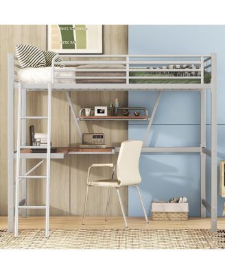 Full Size Loft Bed with Metal & MDF Frame, Desk and Shelf, Silver