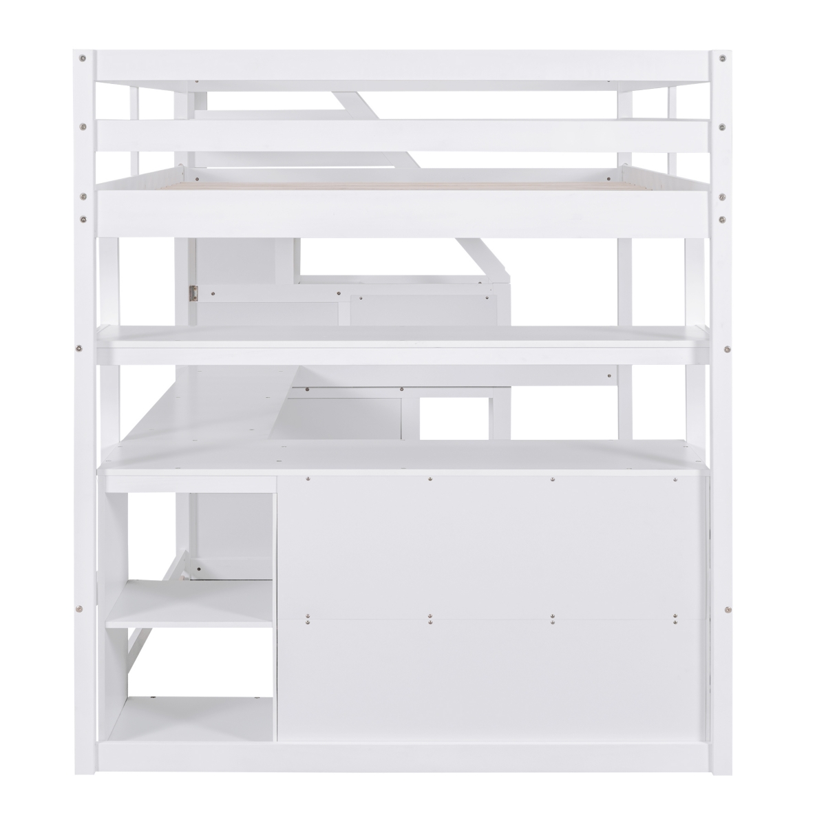 Simplie Fun Full Loft Bed With Desk And Shelves, Two Built-In Drawers, Storage Staircase, Gray