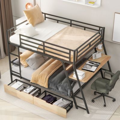 Full Size Metal Bunk Bed With Built-In Desk, Light And 2 Drawers