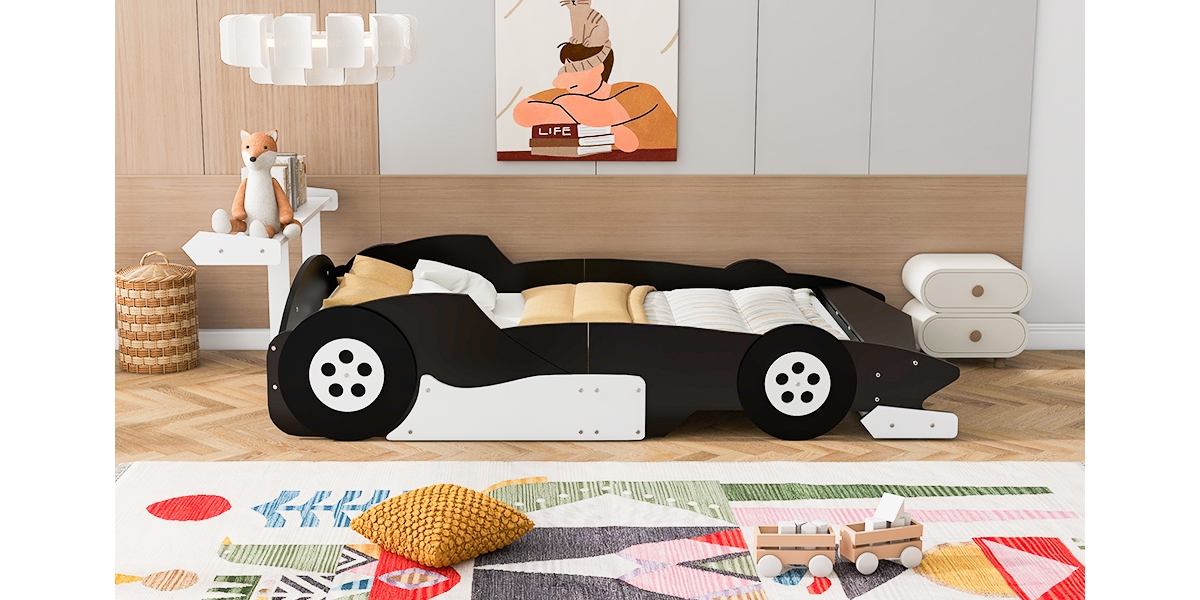 Simplie Fun Full Size Race Car-Shaped Platform Bed With Wheels