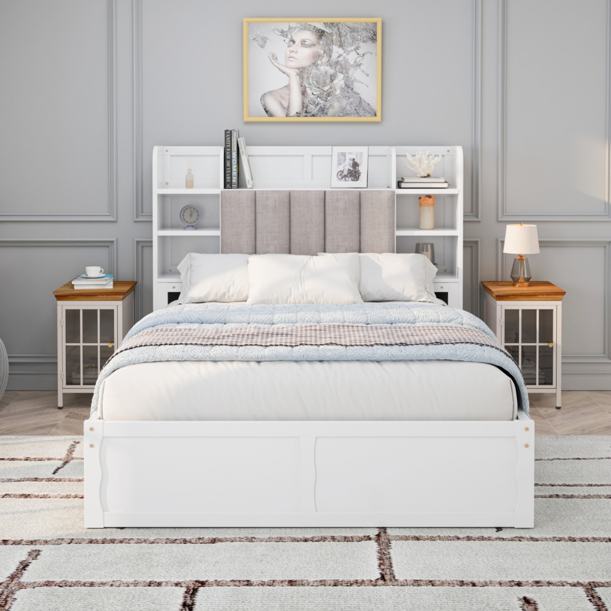 Streamdale Furniture Size Bed Frame with Storage and Shelves,- White