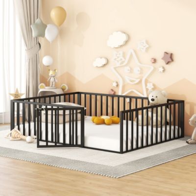 Queen Size Metal Floor Bed Frame With Fence And Door