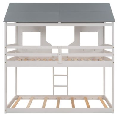 Bunk Bed with Roof, Window, and Guardrail - Twin