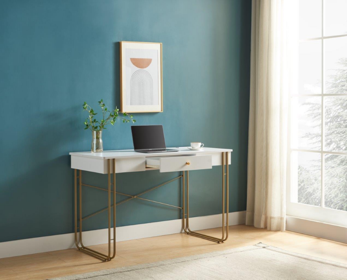 Streamdale Furniture Zen-Inspired Writing Desk with Drawer, Usb & Outlet Port - White & Gold
