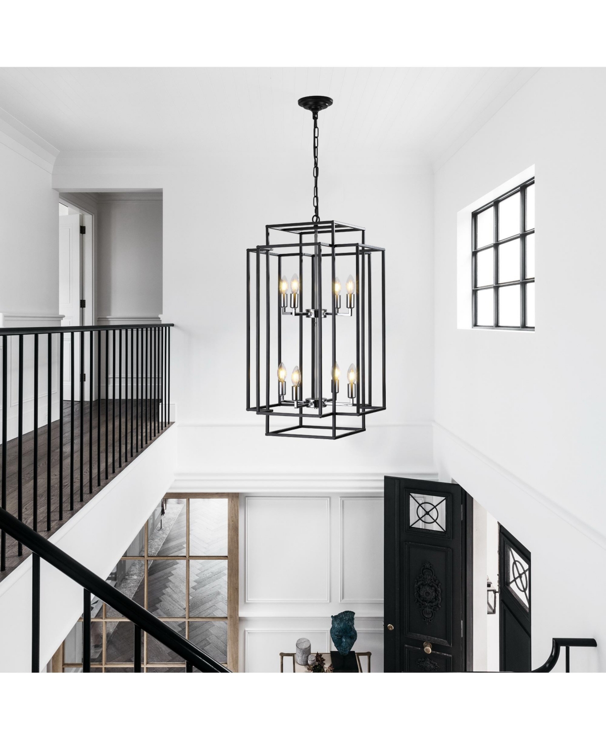 Adjustable Black Geometric Foyer Pendant Light with Chromed Base