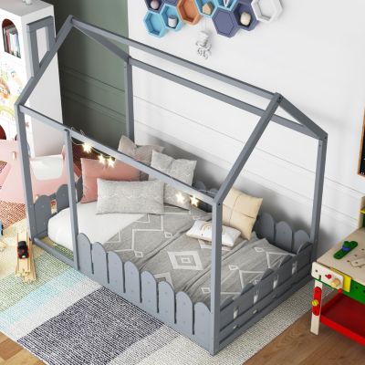 Streamdale Twin Size Wood Bed House Bed Frame With Fence, For Kids, Teens, Girl