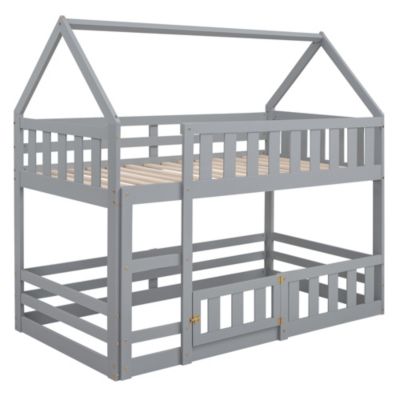 Twin Size  Pine Wood Over Twin House Bunk Bed With Fence And Door