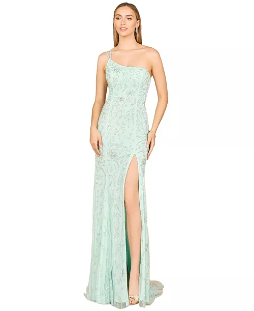 women's one shoulder beaded gown with slit