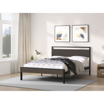 Ceres Metal Bed Black with Walnut Wood Headboard&Footboard Queen