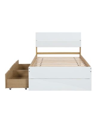 Modern Twin Bed Frame with High Gloss White and Oak Finish