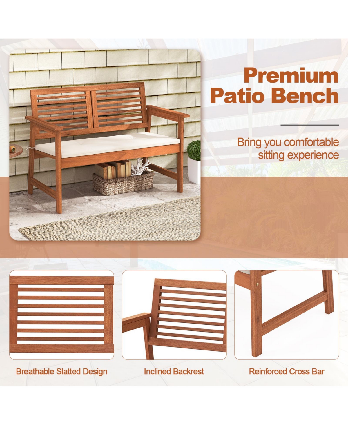 Slickblue 2-Person Solid Wood Patio Bench with Backrest and Cushion - Natural and Off White