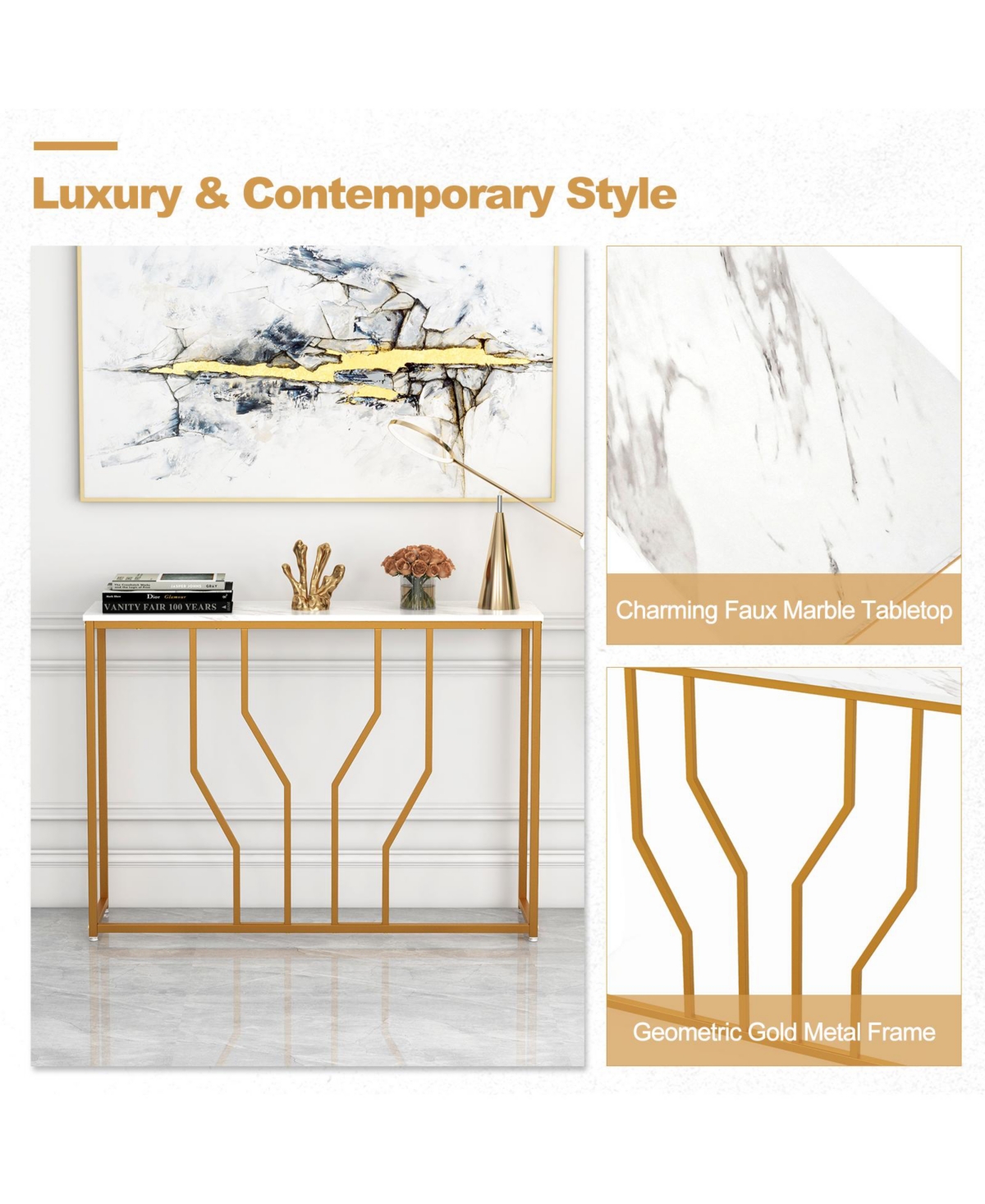 Slickblue Inch Modern White Entryway Table with Faux Marble Tabletop-White - White  Gold