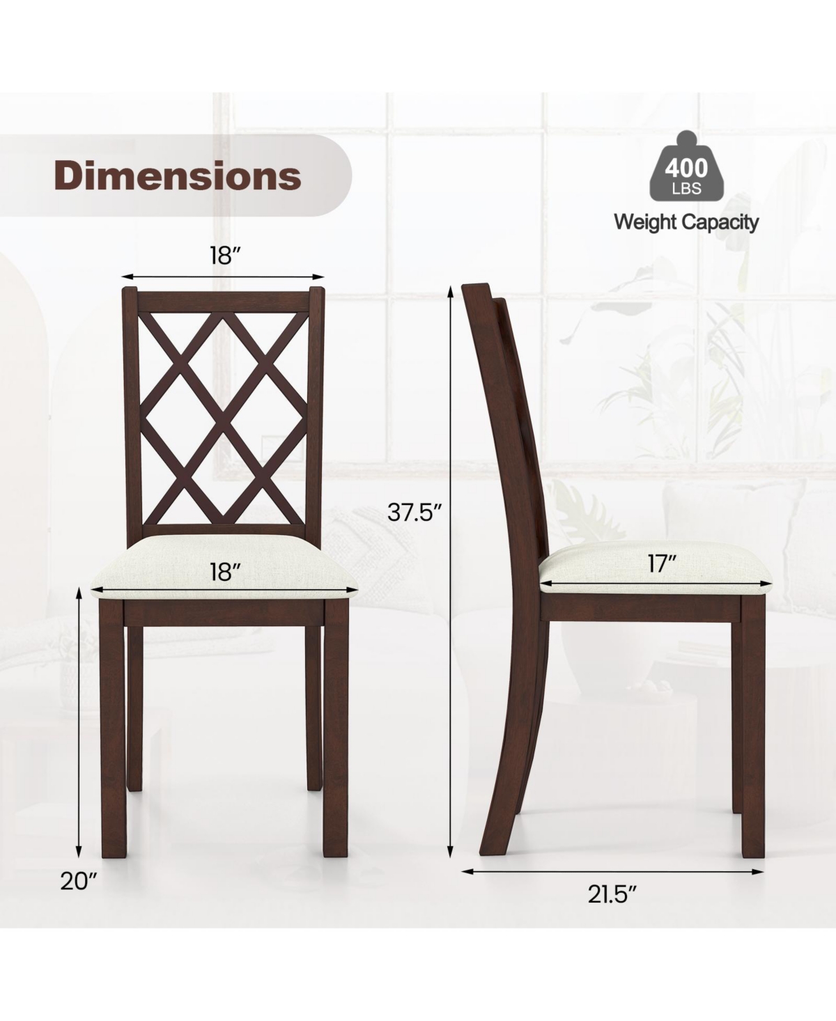 Slickblue Dining Chair Set of 2 Wood Kitchen Chairs with Upholstered Seat Cushion and Rubber Wood Legs-Brown