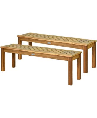 Set of 2 Acacia Wood Bench Dining Bench Patio Garden w/ Slatted Seat Indonesia Teak