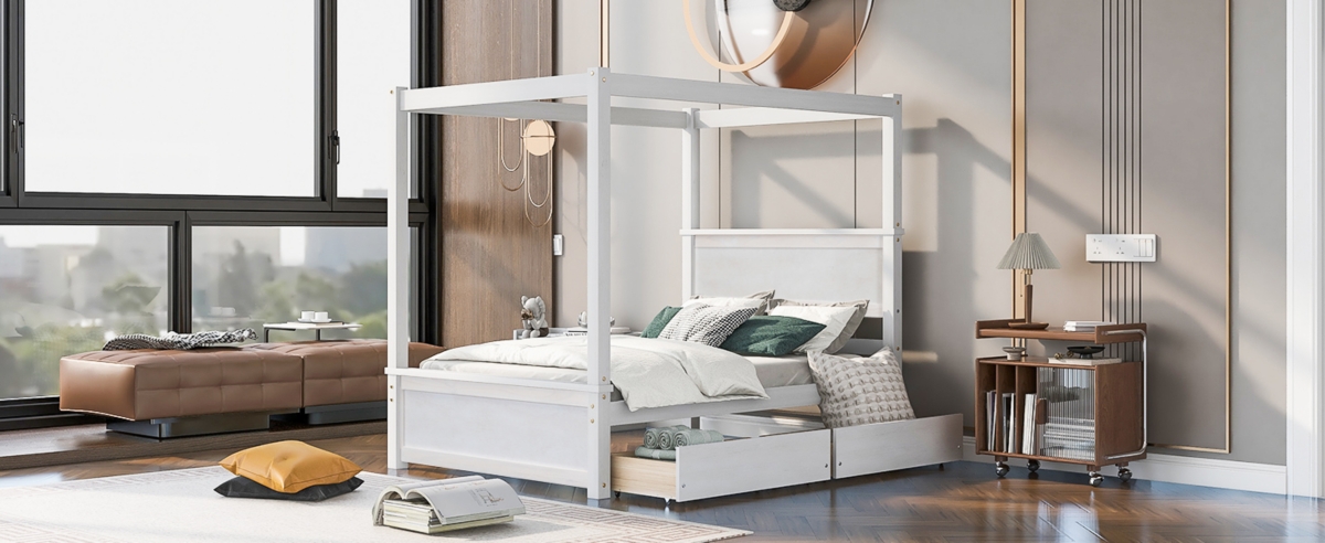 Streamdale Furniture Full-size wood canopy bed with drawers, no box spring needed