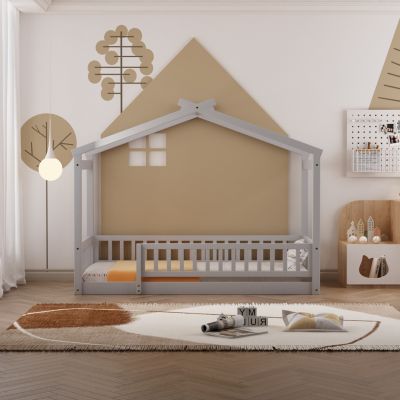 Twin Size Wood House Bed Frame with Fence
