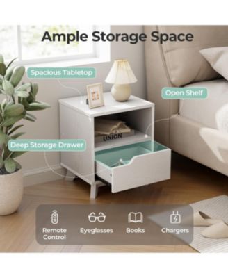 Mid Century Modern Bedside Table with Storage Drawer and Open Shelf-White